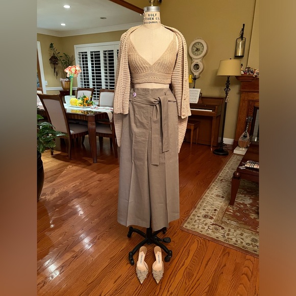 Theory Womens Belt Crop Pants Wide Leg Size 6 Tan Linen Blend - Picture 3 of 10